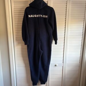NWT Aerie Navy Blue Hooded Onesie with “Naughty-Ish” on Back